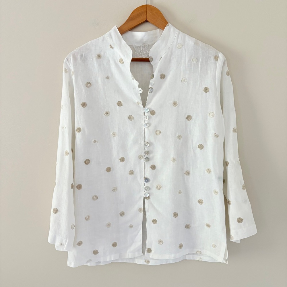 Luisa Button Down Shirt S White Gold Polka Dot Linen Italy Roll Tab Sleeve